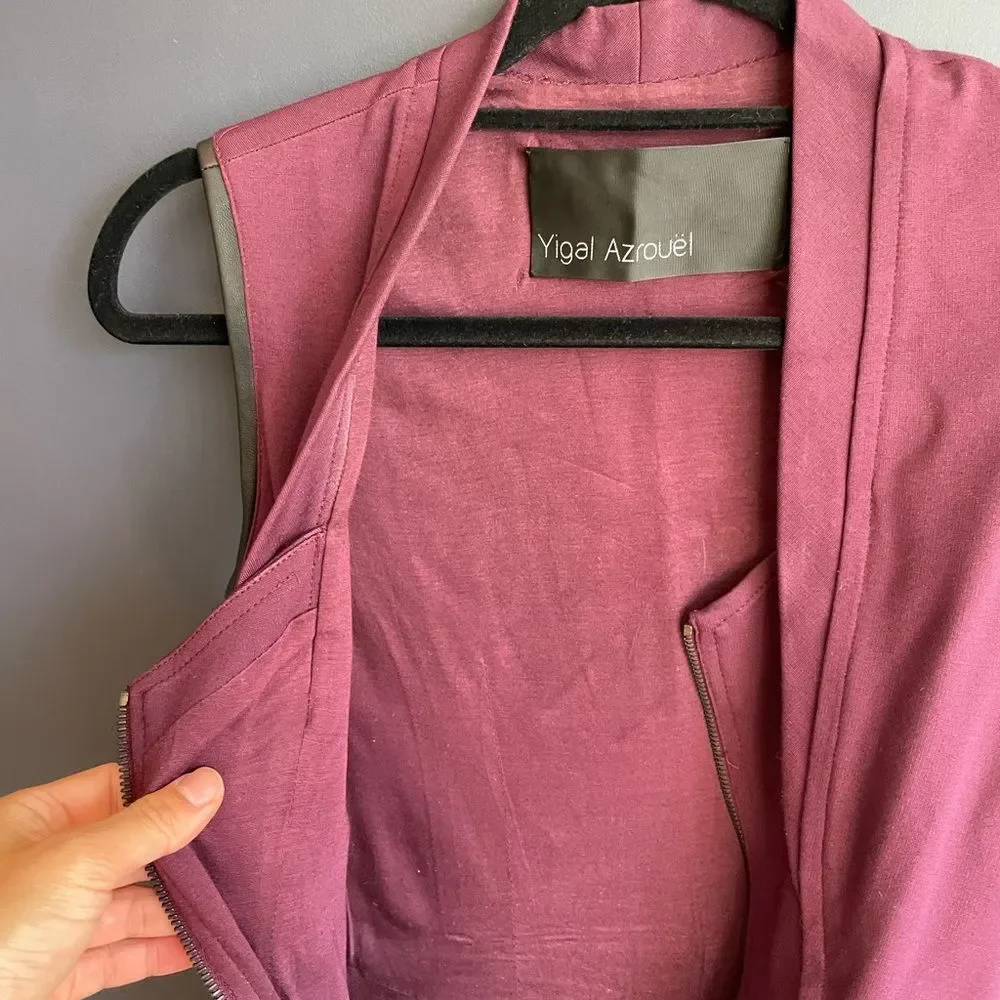 Yigal Azrouël $950 Burgundy Jersey Front Zip Dress w/ Leather Accents, Sz 4, EUC